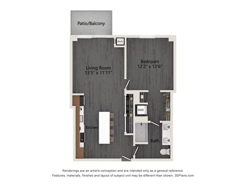 Floor plan for 1 bed, 1 bath, 826 sqft